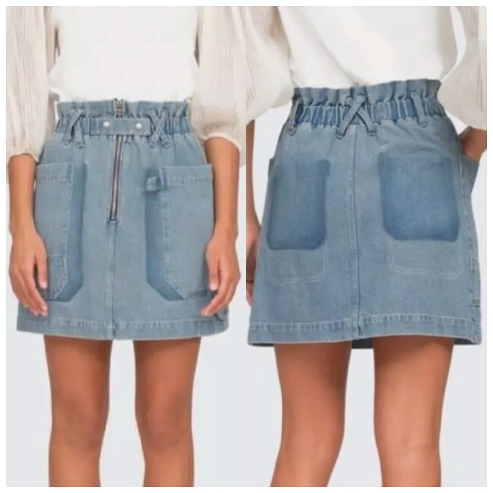 Sea New York Mara Mini Denim Skirt Shadow Dye High Rise Med Wash Blue 00